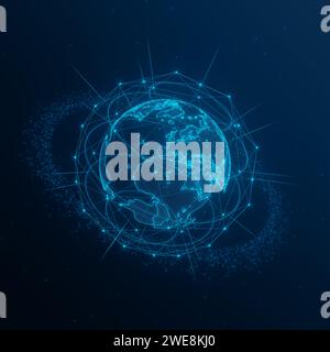 Datentechnologie für globale Verbindungen, Geschäftsanalysen, Finanzdaten, Kommunikation, Data Science und KI. Telekommunikationssatelliten im Umkreis Stockfoto