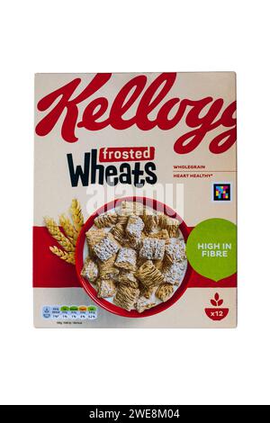 Box von Kelloggs Frosted Wheats Getreide isoliert auf weißem Hintergrund - hoch in Faser Vollkorn Herz gesund - Getreidebox, Getreidepackung, Getreide Stockfoto