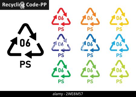 PS-Kunststoff-Recycling-Code-Symbolsatz. Recycling-Symbol aus Kunststoff 06 PS. Kunststoff Recycling Code 06 Symbolsammlung in zehn verschiedenen Farben. Stock Vektor