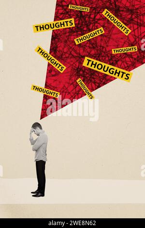 Vertikales Composite-Bild-Collage-Foto eines kleinen jungen Mannes aufgebrachter Arm berührt den Kopf zu viele Gedanken überdenken Angst Stress Problem Stockfoto