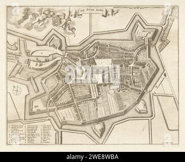 Karte der Stadt Goes, C. de Bye, ca. 1696 - ca. 1700 Karte der Stadt Goes drucken. Zwei Engel halten die Waffe der Stadt Goes. Daneben eine Banderole mit dem Namen der Stadt. Links eine Legende von 1-30. Niederlande Papier graviert Karten von Städten geht Stockfoto