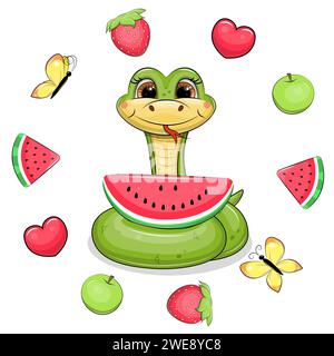 Niedliche grüne Zeichentrickschlange mit Wassermelone im Fruchtrahmen. Vektor-Illustration eines Tieres mit Äpfeln, Wassermelonen, Herzen, Schmetterlingen, Erdbeeren o Stock Vektor