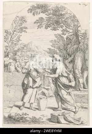 Rebekka und Eliezer bei de Put, Bernard Picart, 1683–1733 Druck Rebekka lässt Eliezer, den Diener Abrahams, aus einem Krug am Brunnen trinken. Seine Kamele rechts im Hintergrund. Oben rechts nummeriert: 56. Rebekah bietet Eliezer einen Drink aus ihrem Pitcher an Stockfoto