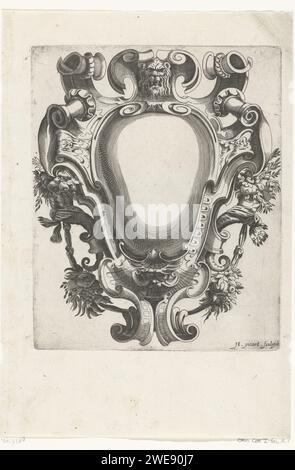 Cartouche mit Löwenkopf an der Spitze, H. Picart, nach Federico Zuccaro, ca. 1628 Druck leidenschaftliches Exemplar auf Seite 1 aus Serie mit Kartuschen in Rahmen von Rollarbeiten mit Grotesken, Girlanden und Maskarons, herausgegeben von Pierre Mariette. Frankreich Papiergravur Stockfoto