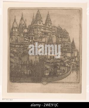 Tempels, Benares, Wijnand Otto Jan Nieuwenkamp, 1915 gedruckte Tempel und Paläste am Ufer des Ganges in Benares. Im Vordergrund ein Vergnügungsboot mit einem Zelt. Papiertempel, Schrein  Hinduismus, Buddhismus, Jainismus. palast. Schiffe (im Allgemeinen). fluss Benares. Ganges Stockfoto