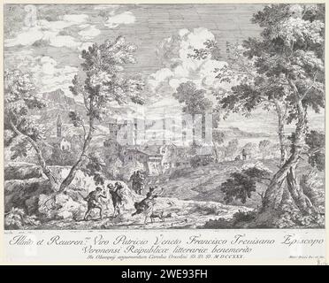 Landschaft mit zwei Bauern, die eine Schlange töten, Marco Ricci, 1730 drucken Hügellandschaft mit zwei Bauern im Vordergrund, die versuchen, eine Schlange zu töten. Eine Frau flieht nach der Schlange. Zuweisung am Endrand. Italien Papier graviert Landschaften. Mensch tötet Tier Stockfoto