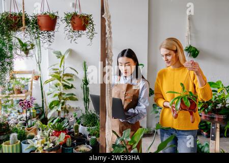 Frau mittleren Alters in gelbem Pullover in einem Blumenladen mit einer gekauften Pflanze in der Hand, die mit einer asiatischen Verkäuferin in Schürze mit Laptop spricht Stockfoto