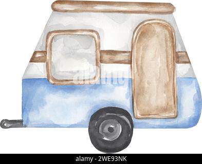 Niedlicher handgemalter Anhänger Clipart in Vintage-Blau. Illustration für den Transport von Wasserfarben. Grafische Grafik für den Transport von unterwegs Stockfoto