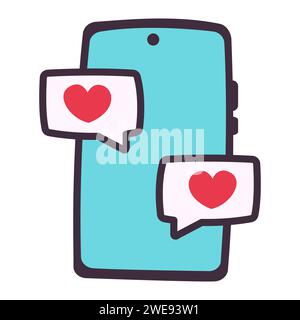 Traditionelle Dekoration am Valentinstag. Illustrationen im Cartoon-Stil. Smartphone mit Liebeskorrespondenz. Stock Vektor