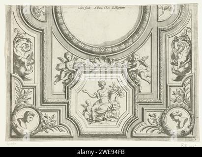 Hälfte der rechteckigen Decke, Nicolas Pierre Loir, 1634 - 1716 Druck mit leerer Runde in der Mitte. Eine achteckige Platte mit einer Siegesfigur ist im Rand enthalten. Aus der zweiten Ausgabe. Druckerei: Frankreich (evtl.) nach eigenem Entwurf von: Frankreich (evtl.) Verlag: Paris Papierätzung Stockfoto