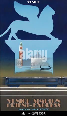 'VENICE SIMPLON ORIENT-EXPRESS LONDON - PARIS - VENICE' französische Vintage-Werbung mit einer Silhouette eines geflügelten Löwen, der Venedig repräsentiert, über einer umrissenen Szene von Venedig mit einer Gondel und dem Campanile. Das Bild hat einen Art-Deco-Stil mit einer starken Verwendung von Linien und einer begrenzten Farbpalette von Dunkelblau, Hellblau und Gold. Stockfoto