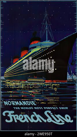 „NORMANDIE FRENCH LINE“ französische Vintage-Werbung mit dem Slogan „THE WORLD's MOST PERFECT SHIP“. Das Poster zeigt eine Nachtszene mit dem beleuchteten Schiff, die in einem Stil dargestellt ist, der Art déco-Elemente mit einem Gefühl von Dynamik und Luxus kombiniert. Stockfoto