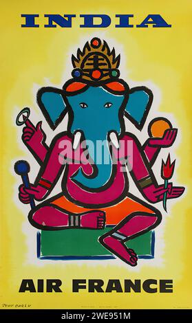 [„INDIA AIR FRANCE“] Vintage French Advertising; ein Air France-Reiseposter für Indien mit einer farbenfrohen Illustration der hinduistischen Gottheit Ganesha. Der Stil ist auffällig und grafisch, mit flachen Farbbereichen und vereinfachten Formen, die an Reiseplakate aus der Mitte des 20. Jahrhunderts erinnern. Stockfoto