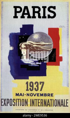 'PARIS 1937 MAI-NOVEMBRE EXPOSITION INTERNATIONALE' [PARIS 1937 MAI-NOVEMBER INTERNATIONALE AUSSTELLUNG] französisches Vintage-Werbeplakat mit auffälligen geometrischen Formen in Primärfarben mit einem stilisierten Globus und einer weiblichen Figur im Profil vor einem Flickwerk von Farben. Das Design ist ein Indiz für den modernistischen Stil der 1930er Jahre, der die Internationale Ausstellung von 1937 feierte. Stockfoto