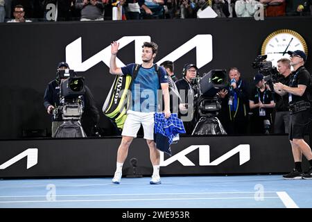 Paris, Frankreich. Januar 2024. Miomir Kecmanovic während der Australian Open 2024, Grand Slam Tennis Turnier am 22. Januar 2024 im Melbourne Park in Australien. Quelle: Victor Joly/Alamy Live News Stockfoto