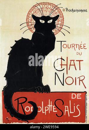 „Prochainement Tournée du CHAT NOIR de Rodolphe Salis“ [demnächst Tour of the BLACK CAT by Rodolphe Salis] Steinlen. Vintage-Poster mit französischer Werbung mit einer stilisierten schwarzen Katze mit einem verzierten roten Halo auf beigem Hintergrund. Das Design ist ikonisch für den Jugendstilstil mit auffälligen Silhouetten und dekorativen Mustern. Stockfoto