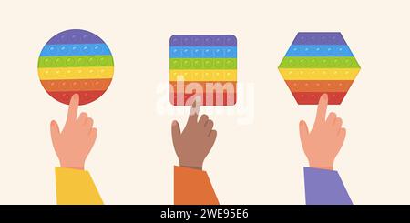 Vektor-Set von populären Pop it zappeln. Kinder spielen mit regenbogenfarbenen Antistress-Spielzeugen. Hände mit Spielzeug, die Blasen drücken. Sinneszappeln im Quadrat Stock Vektor