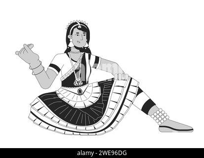 Frau Tänzerin bharatanatyam auf Deepavali schwarz-weiß-Zeichentrick flache Illustration Stock Vektor