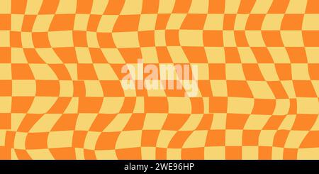 Abstrakter Hintergrund mit einem psychedelischen Groovy Checkerboard Design im Hippie Retro Style der 1970er Jahre. Vektormuster einsatzbereit. Gelbe und orangefarbene Farben Stock Vektor