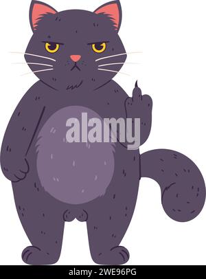 Eine mürrische Katze, eine fette, flauschige Katze, grau mit gelben Augen. Ein frustrierter Charakter, der nichts mag und mit seinem Mittelfinger Pfoten zeigt Stock Vektor