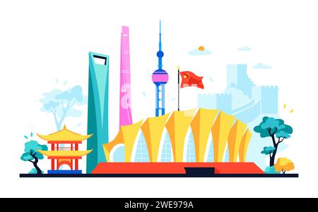 Shanghai öffentliche Gebäude - moderne farbige Vektorillustration Stock Vektor