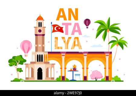 Sehenswürdigkeiten und Architektur von Antalya - moderne farbige Vektorillustration Stock Vektor