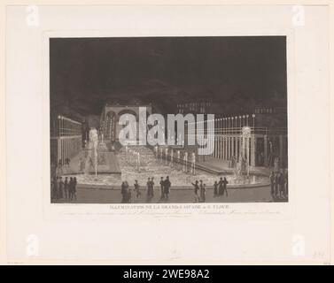 Brunnen mit Wasserfall in Saint Cloud in Paris, Philibert-Louis Debucourt, 1813 Druck Frankreich Papier Garten Kaskade. Zierbrunnen (im Dorf). Beleuchtung; Lampen Saint-Cloud Park Stockfoto