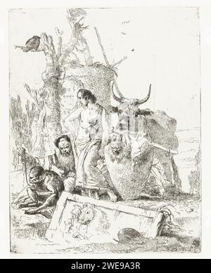 Sitzender Zauberer mit einem Affen am Seil und stehende Figur neben Koe, Giovanni Battista Tiepolo, in oder vor ca. 1750 Druck Italien Papier Ätzaffen, Affen Stockfoto