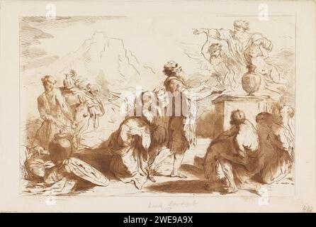 Angebot Van Noach, Francesco Bartolozzi, nach Giovanni Benedetto Castiglione, 1738 - 1815 Druck Noah steht mit riesigen Armen vor einem Altar, über dem Gott und zwei Engel erschienen sind. Andere Figuren knieten um den Altar. Links ein Mann mit einem Esel, einem Hund und einem Huhn. Italien Papier, das Noahs Opfer ätzt; verschiedene Tiere werden angeboten, möglicherweise ein Lamm, eine Taube und ein Widder (oft kombiniert mit dem Regenbogen des Bundes) Stockfoto