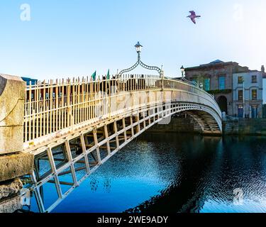 Malerischer Blick auf die Ha'Penny Bridge über den Fluss Liffey in Dublin, Irland, mit klarem blauen Himmel und einem Vogel im Flug. Stockfoto