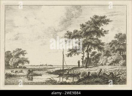 Landschaft mit Boot, Hermanus Fock, 1781 - 1822 Drucken Sie Eine Flusslandschaft mit Kühen und einem Segelboot. Am Ufer des Flusses, bei zwei Bäumen, befindet sich eine Person mit einem Kind in seinen Armen. Zwischen den Bäumen im Hintergrund das Dach eines Bauernhofs. Amsterdam Papierätzung Fluss (+ Landschaft mit Figuren, Personal) Stockfoto