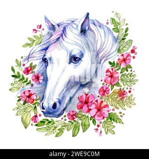 Weißes Pferd in Blumenpflanze Frühlingsrahmen, Kreis, Kranz mit Pfingstrosen und Rosen isoliert auf weißem Hintergrund. Hochformat, Kopf. Aquarell. Abbildung Stockfoto