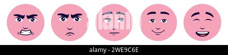 Pinkfarbene runde Gesichter Emotionen gesetzt Stock Vektor