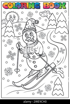 Kinder Winter Malbuch - Schneemann auf Skiern Stock Vektor