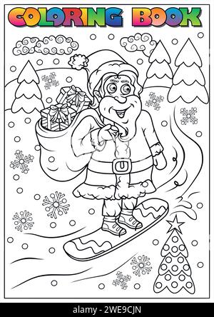 Kinder Winter Malbuch - Weihnachtsmann auf einem Snowboard Stock Vektor