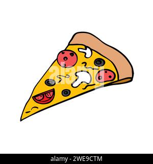 Vector illustration. Pizza slice with melted cheese and pepperoni. Cartoon sticker in comic style with contour. Decoration for greeting cards, posters Stock Vektor