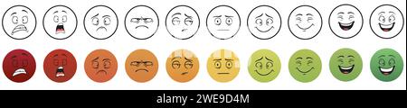 Schwarze und farbige runde Gesichter Emotionen gesetzt Stock Vektor