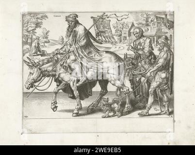 Triumph von Tobias, Dirck Volckertsz. Coornhert, nach Maarten van Heemskerck, 1559 Druck im Vordergrund Tobias, auf einem Esel fahren. In seiner linken Hand ein Kreuz mit einem Banner. Auf dem Banner vier Feuereisen, mit dem Symbol der Gnade in der Mitte, ein Brunnen in Form einer Frau. Hinter Job folgen seine Frau (mit Ziege) und die blinde Armut (Caecas Paupertas). Der Druck hat einen lateinischen Text von sechs Zeilen auf einem separaten Blatt Papier und ist Teil einer achtteiligen Serie über den Triumph der Leidenschaft. Haarlem Papierätzung / Gravur / Buchdruck männliche Personen aus dem Alten Testamen Stockfoto