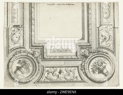 Hälfte der rechteckigen Decke, Nicolas Pierre Loir, 1634 - 1716 Druck in der Mitte eine leere rechteckige Fläche, in den Ecken runde Medaillons mit Blumenvasen. Aus der zweiten Ausgabe. Druckerei: Frankreich (evtl.) nach eigenem Entwurf von: Frankreich (evtl.) Verlag: Paris Papierätzung Stockfoto