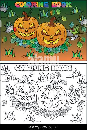 Kinder Malbuch für Halloween, Mumie, Schädel, Grab, Kürbis, Fledermaus, Mond, Wolke - Halloween-Thema Stock Vektor