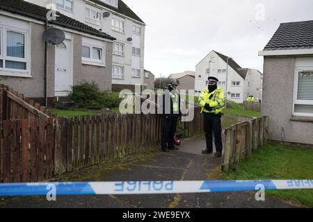 Polizei am Tatort in Tinto View, Hamilton, South Lanarkshire, nachdem ein Mann von einem „großen Hund vom Typ Bulldogge“ angegriffen wurde, der von der Polizei erschossen wurde. Feuerwaffenoffiziere wurden am Dienstag gegen 17 Uhr zum Tatort gerufen, nachdem der Hund als gefährlich außer Kontrolle geraten wurde. Bilddatum: Mittwoch, 24. Januar 2024. Stockfoto