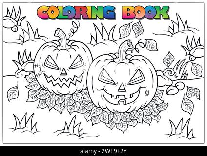 Kinder Malbuch für Halloween, Mumie, Schädel, Grab, Kürbis, Fledermaus, Mond, Wolke - Halloween-Thema Stock Vektor