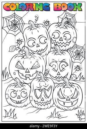 Kinder Malbuch für Halloween, Mumie, Schädel, Grab, Kürbis, Fledermaus, Mond, Wolke - Halloween-Thema Stock Vektor