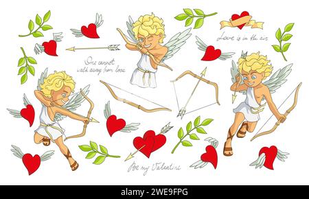 Set von Vektorsymbolen für Liebe und valentinstag. Junger Cupid Charakter, Bogenschießbogen, Liebespfeil, fliegende Herzen, grüne Blätter, Kalligraphie-Zitate Stock Vektor