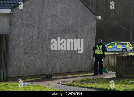 Polizei am Tatort in Tinto View, Hamilton, South Lanarkshire, nachdem ein Mann von einem „großen Hund vom Typ Bulldogge“ angegriffen wurde, der von der Polizei erschossen wurde. Feuerwaffenoffiziere wurden am Dienstag gegen 17 Uhr zum Tatort gerufen, nachdem der Hund als gefährlich außer Kontrolle geraten wurde. Bilddatum: Mittwoch, 24. Januar 2024. Stockfoto