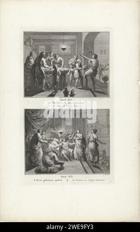 Pasal Chasing in Egypt and the Death of the Erstgeborenen in Egypt, Simon Fokke, 1791 drucken zwei biblische Aufführungen aus dem Buch Ex. 12. Nachstehend nummeriert: 27. Amsterdamer Papier, das Moses den Tod des Erstgeborenen vorhersagt. Feier des ersten Passahs Stockfoto