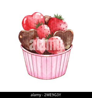 Schokoladen- und Erdbeer-Cupcake. Valentinstag-Objekt. Aquarellmalelemente. Abbildung . Stockfoto