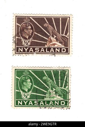 Ein Paar Vintage-Briefmarken von König Georg VI. Aus Nyasaland (Malawi), isoliert auf weißem Hintergrund. Stockfoto