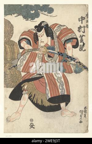 NAKAMURA SHIKAN II als MATSUOMARU, UTAGAWA KUNISADA (i), 1825-1830 Druck des Schauspielers Nakamura Shikan II in rot gestreiftem Gewand, sein Schwert zieht; Ein Kiefernzweig und gestapelte Strohballen im Hintergrund. Druckerei: Japanverlag: Tokio Papier nishiki-e / farbiges Holzschnitt Porträt der Schauspielerin. Hacker- und Schubwaffen: Schwert Stockfoto