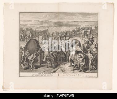 Bei der Überquerung des Jordaan, Cornelis Huyberts, nach Gerard Hoet (I), 1720–1728 Abdruck links sind Priester, die die Bundeslade tragen. In der Mitte heben zwölf Männer jeweils einen Stein vom Boden des Jordaan. Dahinter überqueren die Israeliten den Jordaan. Hinter ihnen bildet das Wasser des Jordaan einen Damm. Unten eine Referenz auf JZ. 3: 14-17 und der Titel der Druckschrift in Hebräisch, Englisch, Deutsch, Lateinisch, Französisch und Niederländisch. Amsterdamer Papiergravur zwölf Männer nehmen zwölf Steine aus der Mitte des Flusses  Überquerung des Jordans durch die Israeliten Stockfoto
